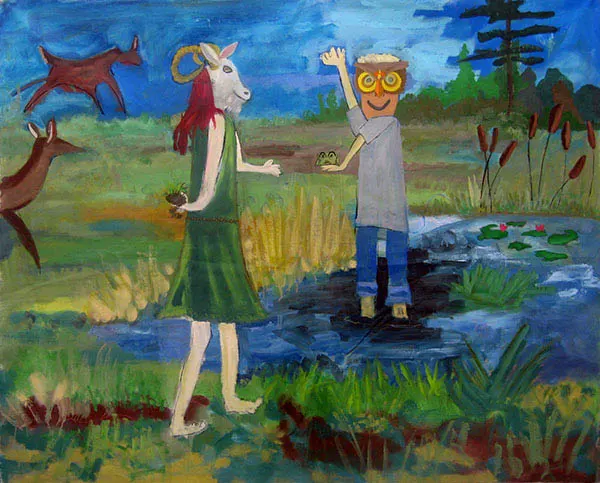 Oil painting on canvas depiciting two children playing in a field with a pond