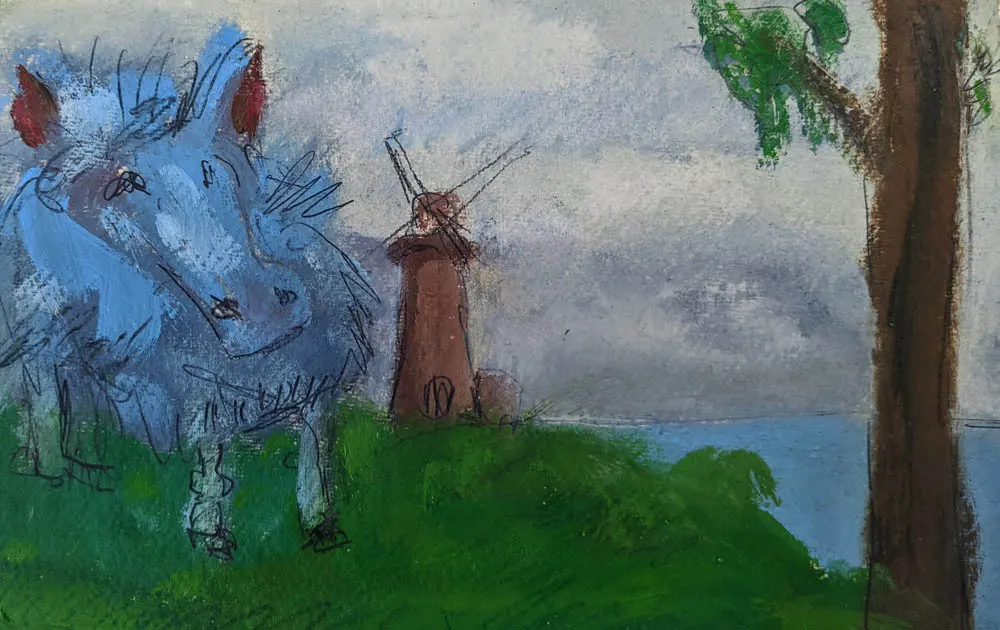 Oil painting on Khadi paper of a fat donkey by a windmill
