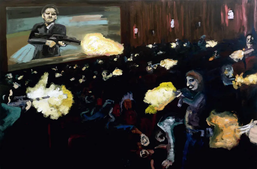 Oil painting on canvas depicting a shootout in a theatre during a showing of Scarface